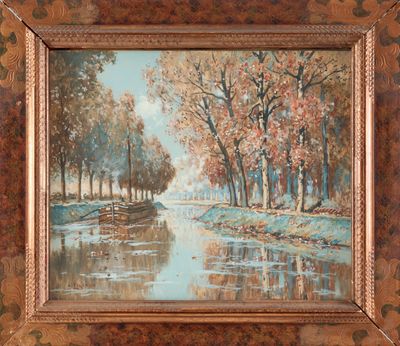 un tableau représentant une rivière avec des arbres et un bateau sur l'eau