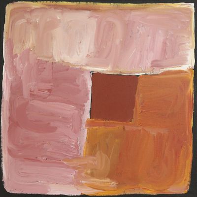 une peinture abstraite composée de carrés roses et orange sur fond noir