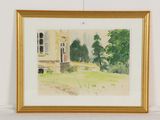 aquarelle encadrée représentant une maison dans un champ bordé d'arbres