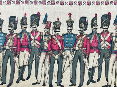 Imprimé sur tissu représentant l'armée Anglaise.