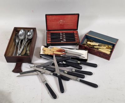 many different types of knives and spoons in a box
