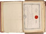 an old book with a red wax stamp on it