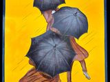 tableau représentant deux personnes tenant des parapluies sous la pluie