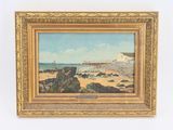 une peinture à l'huile représentant une scène de plage avec une jetée en arrière-plan