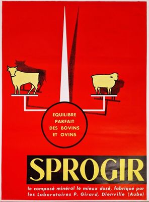 a red poster with a picture of a pair of cows on a scale