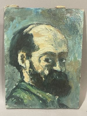 une peinture à l'huile représentant un homme barbu vêtu d'une chemise verte