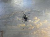un tableau représentant un oiseau volant au-dessus d'un plan d'eau