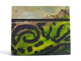 peinture représentant un motif tourbillonnant vert et noir sur fond blanc