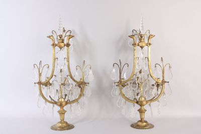 pair of antique brass and crystal candelabs