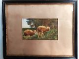 tableau représentant deux vaches dans un champ, avec des arbres en arrière-plan