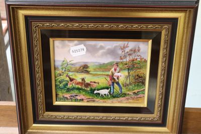 painting of a man and a dog in a field with a sign above it
