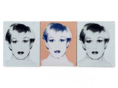 three paintings of a woman ' s face are shown on a white background