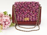 purple tweed and leather handbag with chain strap and chain