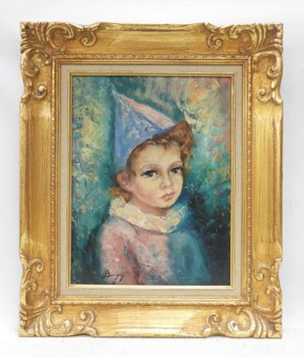 an oil painting of a young girl wearing a blue hat