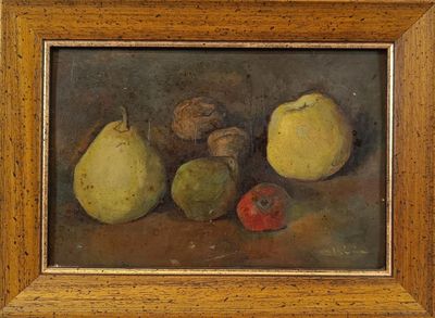 une peinture à l'huile représentant des poires, des pommes et des noix posées sur une table