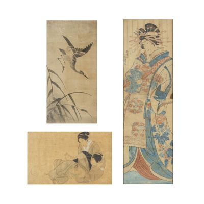 trois peintures asiatiques représentant des oiseaux et une femme en kimono