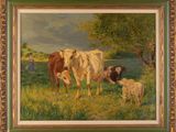 a painting of cows and a dog in a field