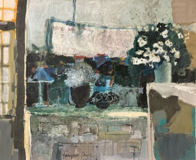 a painting of a vase of flowers on a table