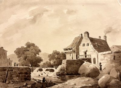 une photo d'un tableau représentant une maison et une rivière