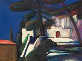 un tableau représentant une maison et des arbres sur une colline