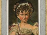 portrait d'une jeune fille en robe blanche, coiffée d'un chapeau et tenant une canne