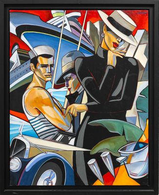 tableau représentant un homme et une femme dans une voiture, avec un homme coiffé d'un chapeau