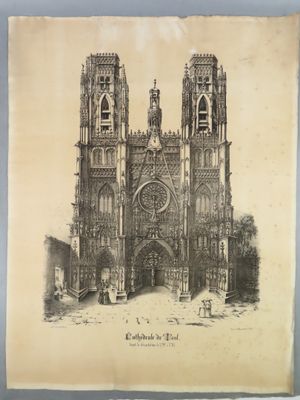 an old picture of a large cathedral with a clock on it ' s side