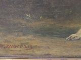 painting of a dog laying down on the ground with its paw on the ground