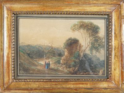 an old painting of a couple walking down a path in a wooded area