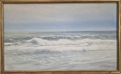 une peinture à l'huile représentant une scène de plage avec des vagues qui déferlent dans l'eau