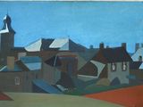 painting of a view of a town with a clock tower in the distance