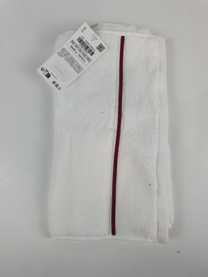 a pair of white socks with a red stripe on them