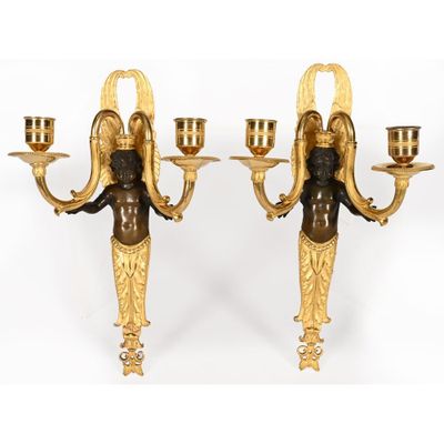 pair of antique brass and bronze wall sconces with angels