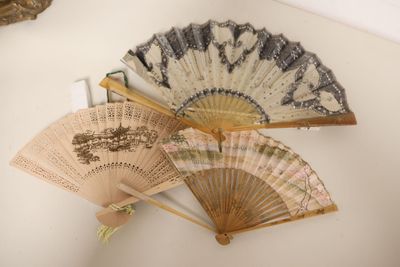 several old fan are displayed on a white surface with a mirror in the background