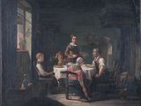 painting of a group of people sitting around a table in a dark room