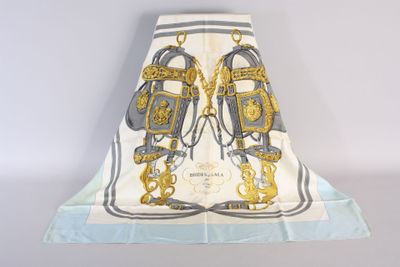 a white and blue scarf with a picture of a coat of arms on it