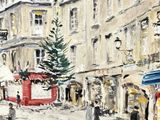 un tableau représentant des personnes marchant dans une rue d'une ville