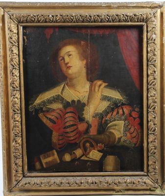 an old painting of a woman holding a glove and a bottle of wine