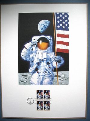 une image représentant un astronaute tenant un drapeau américain