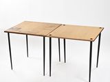 two wooden tables with black legs on a white background