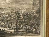 painting of a view of a city with people on horseback and a horse drawn carriage