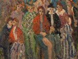 une peinture à l'huile représentant un groupe de personnes assises sur un banc