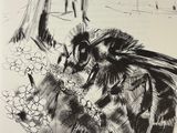 a drawing of a bee that is sitting on some flowers