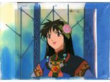 an image of a woman with a flower in her hair standing in front of a window
