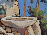 a painting of a stone bathtub on a rock wall