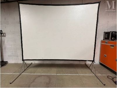 a white screen in a room with a orange cabinet