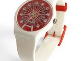 une montre rouge et blanche sur laquelle figure une grande roue