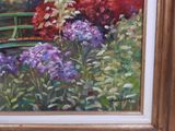 a painting of a painting of a bridge and flowers