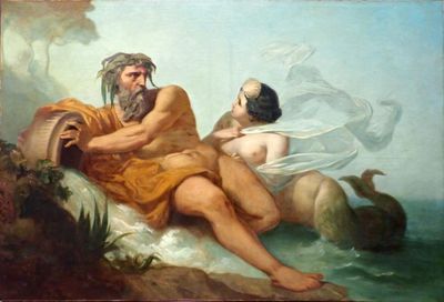 painting of a man and a woman sitting on a rock by the water