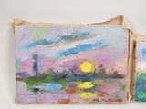 painting of a painting of a sunset over a river with a city in the background
